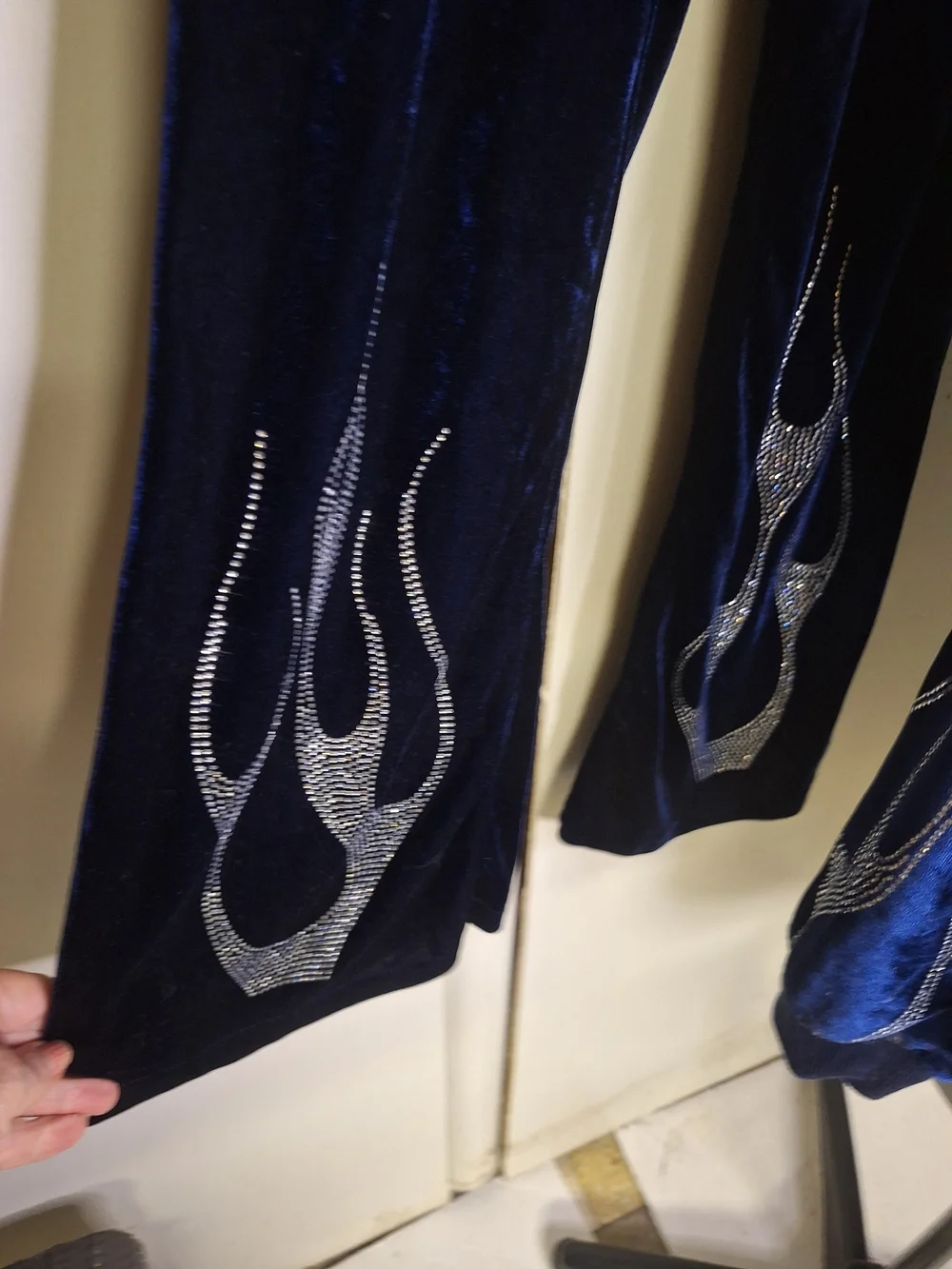 Navy Velvet Rhinestone Flame Hoodie & Bootcut Pants Set Size 12 Youth